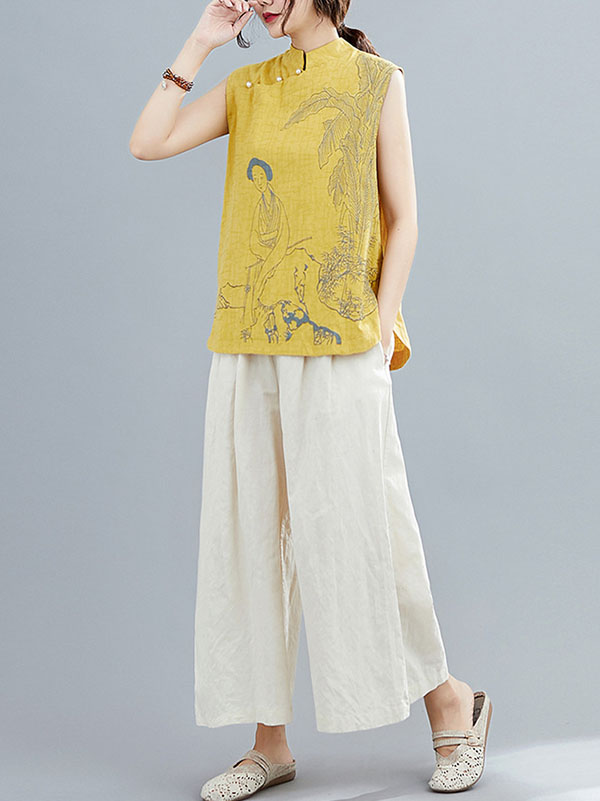 xakxx Artistic Retro Chinese-Style Printed Buttoned Stand Collar Sleeveless Vest