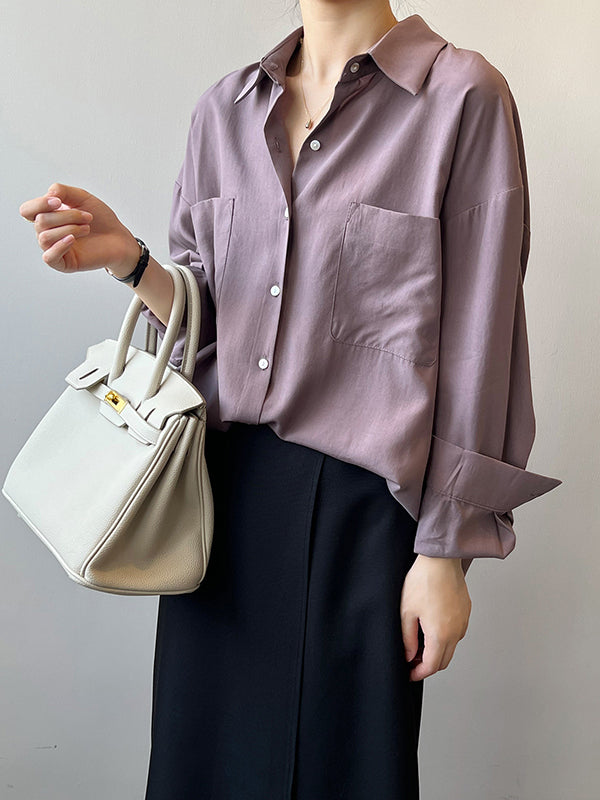 xakxx Vintage Long Sleeves Loose Solid Color Lapel Collar Blouses