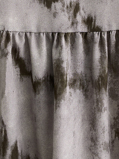 xakxx Long Sleeves Loose Pleated Split-Joint Tie-Dyed Stand Collar Midi Dresses