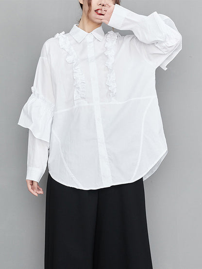 xakxx Casual Loose Long Sleeves Buttoned Ruffled Solid Color Lapel Collar Blouses&Shirts Tops
