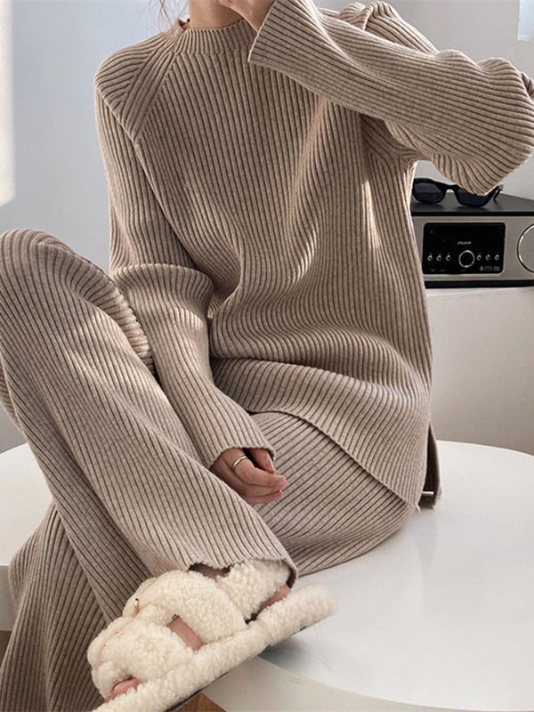 xakxx Urban Loose Solid Round-Neck Split-Side Sweater& Wide Leg Pants Suits