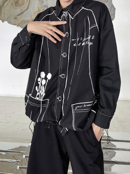 xakxx Casual Contrast Color Printed Drawstring Blouse Top