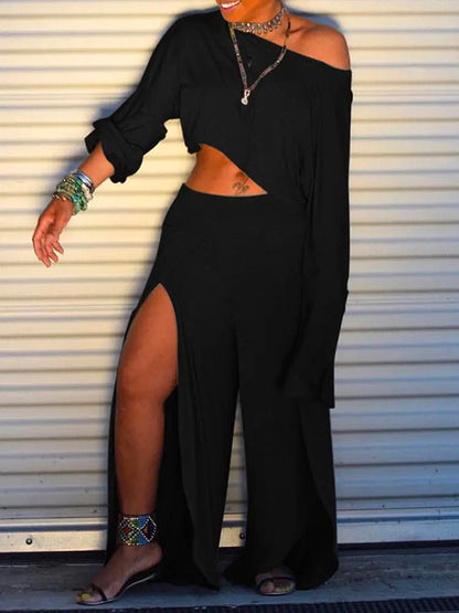 xakxx Solid Color Long Sleeves Round-Neck T-Shirt + Split-Side Wide Leg  Pants Two Pieces Set