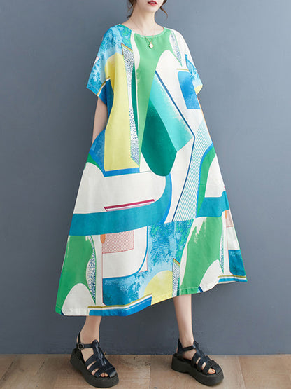 xakxx Casual Short Sleeves Loose Contrast Color Round-Neck Midi Dresses