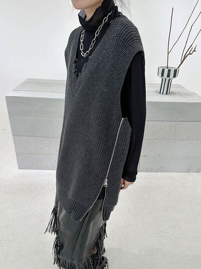 xakxx Loose Sleeveless Asymmetric Split-Side Zipper V-Neck Vest Outerwear