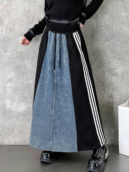 xakxx A-Line Loose Contrast Color Drawstring Split-Joint Striped Skirts Bottoms