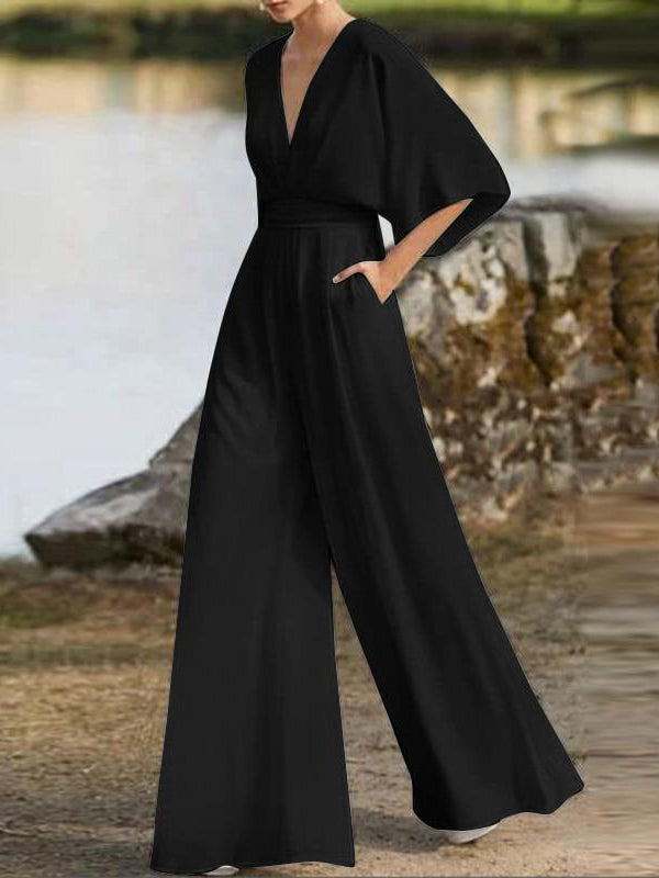 xakxx Simple Solid Color V-Neck Half Sleeves Wide Leg Jumpsuits