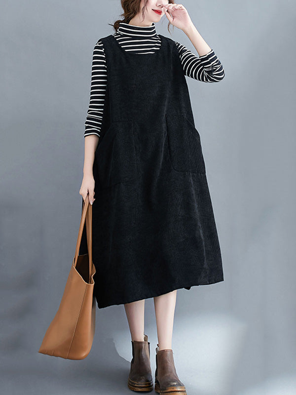 xakxx Corduroy Sleeveless Split-Joint Round-Neck Midi Dress
