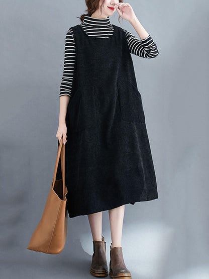 xakxx Corduroy Sleeveless Split-Joint Round-Neck Midi Dress