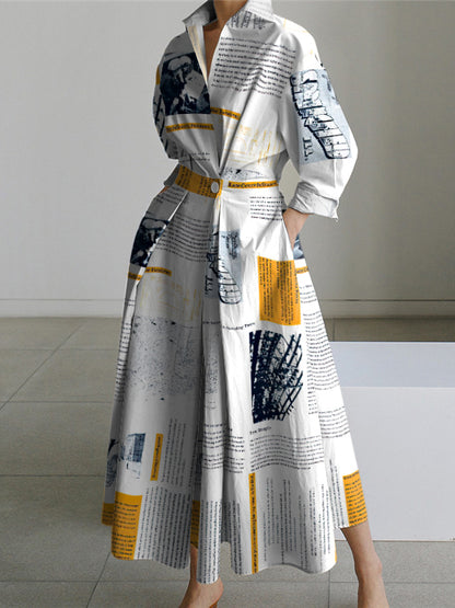 xakxx Long Sleeves Loose Newspaper Print Pleated Tied Waist Lapel Midi Dresses Shirt Dress