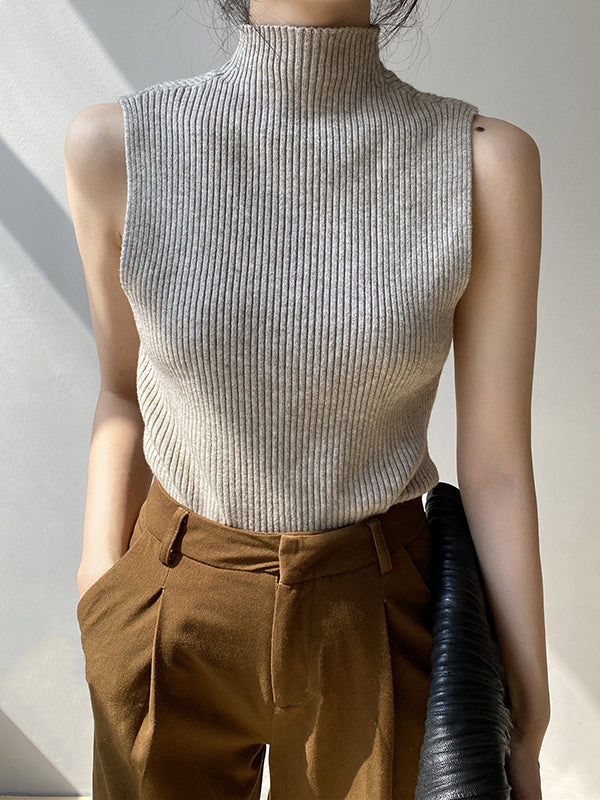 xakxx Skinny Sleeveless Solid Color High-Neck Knitwear Vest Top