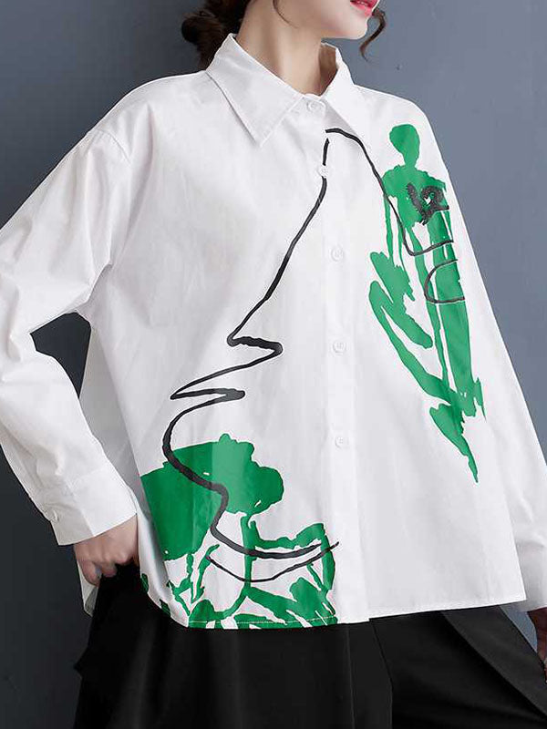 xakxx High-Low Long Sleeves Buttoned Printed Lapel Blouses&Shirts Tops