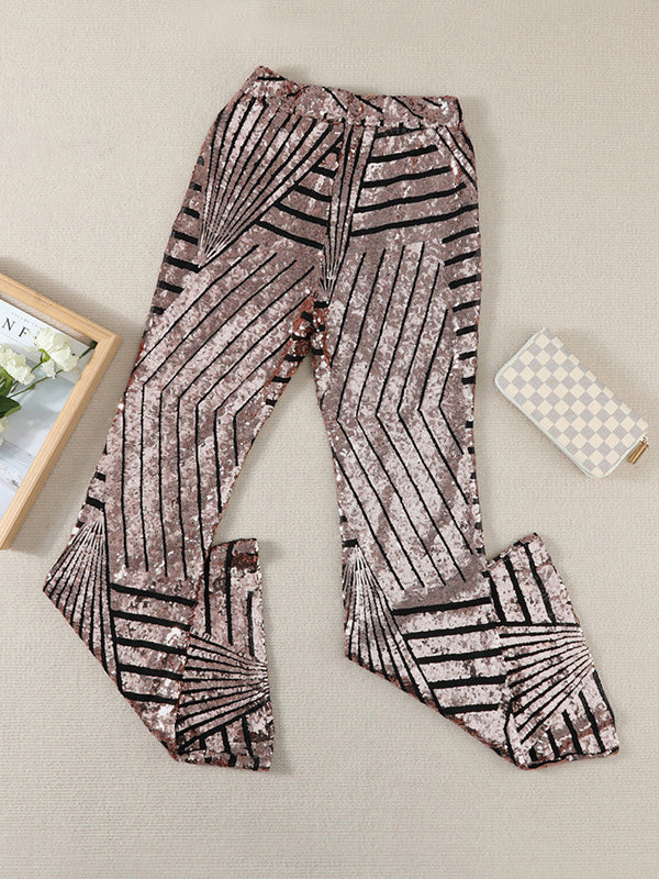 xakxx Flared Pants High Waisted Contrast Color Striped Sequined Pants