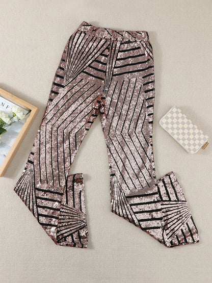 xakxx Flared Pants High Waisted Contrast Color Striped Sequined Pants