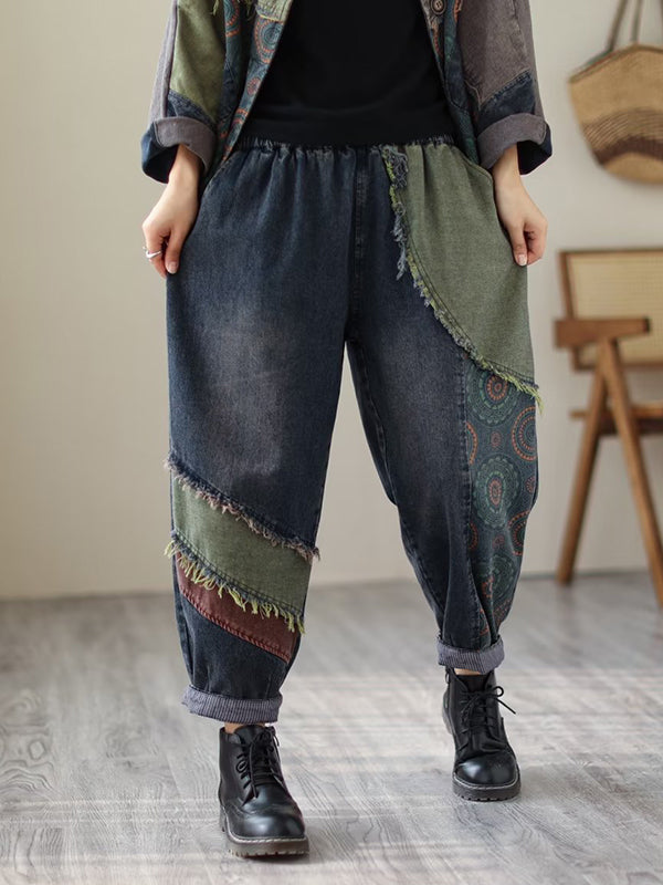 xakxx Contrast Color Fringed Split-Joint Long Sleeves Printed Outwear + Harem Pants  Two Pieces Set