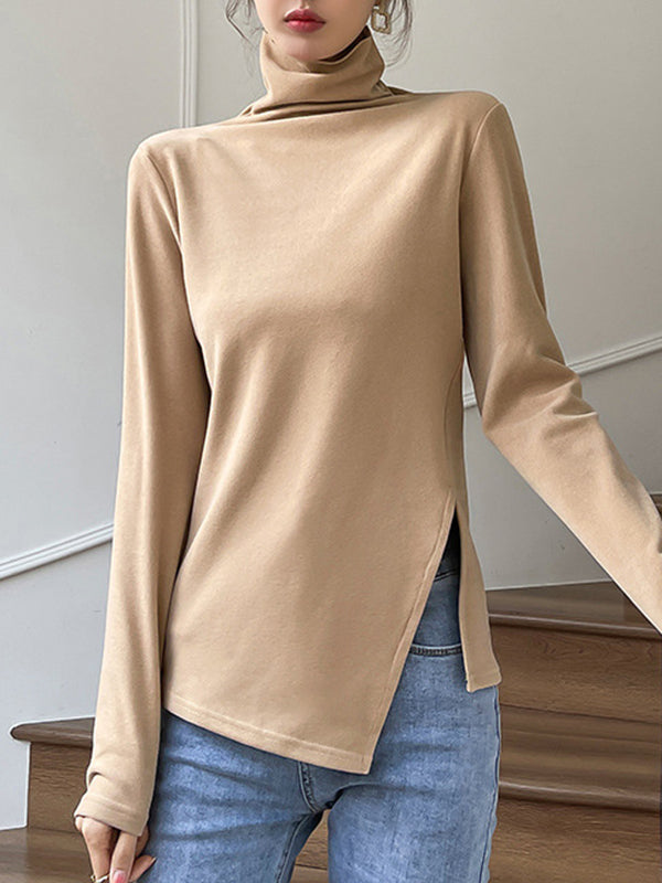 xakxx Casual Skinny Long Sleeves Split-Side Solid Color High-Neck T-Shirts Tops