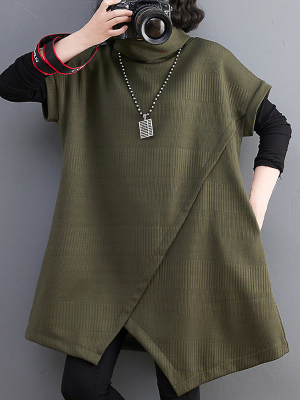 xakxx Short Sleeves Asymmetric Solid Color Split-Front High-Neck Knitwear Mini Dresses