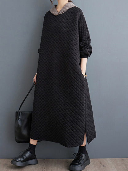 xakxx A-Line Long Sleeves Hooded Quilted Split-Side Midi Dresses