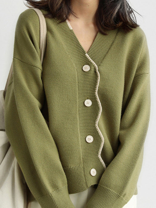 xakxx Casual Loose Long Sleeves Buttoned Contrast Color V-Neck Cardigan Tops