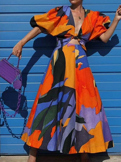 xakxx Original Puff Sleeves Loose Contrast Color Printed Deep V-Neck Maxi Dresses