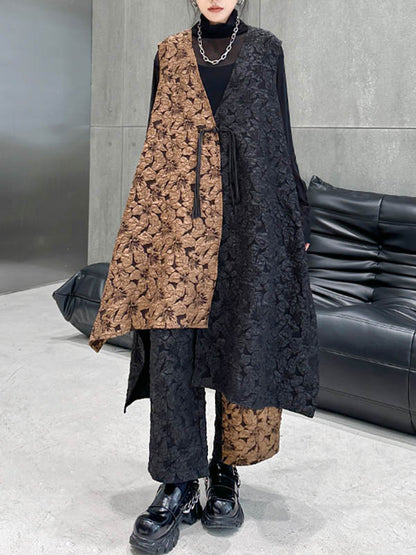 xakxx A-Line High-Low Asymmetric Contrast Color Jacquard Vest Top + Elasticity Pants Bottom Two Pieces Set
