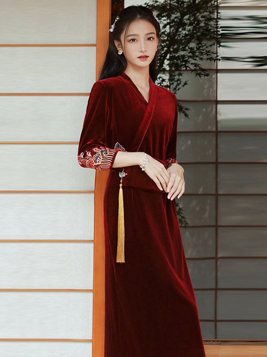 xakxx Vintage Velvet Embroidered Long Cheongsams Midi Dress