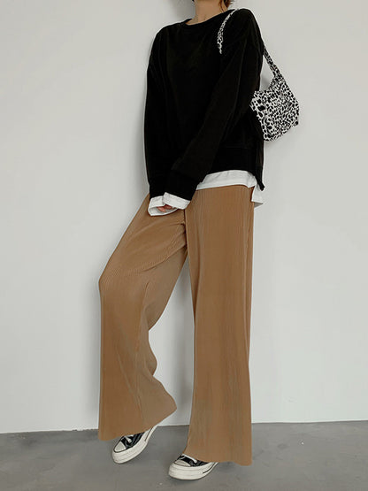 xakxx Casual Solid Color Pleats Capri-Pants Bottoms