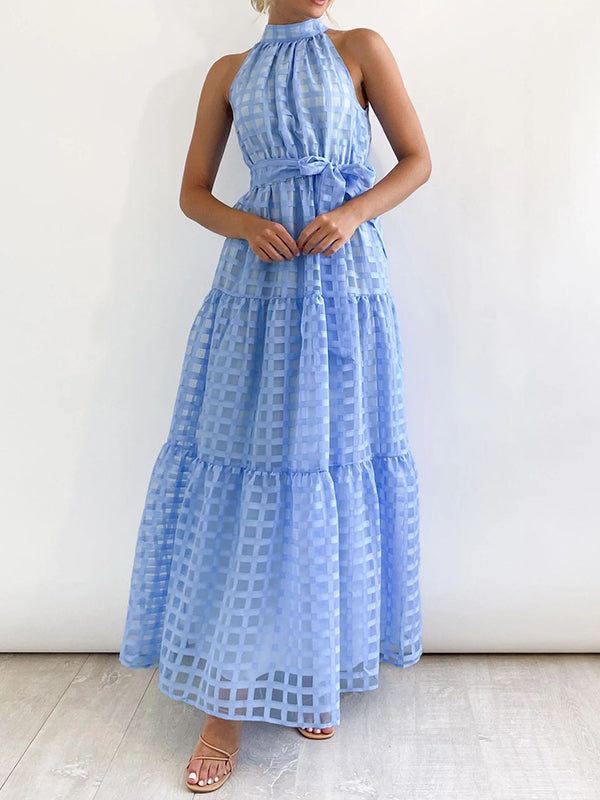 xakxx Loose Sleeveless Plaid Ribbed Stand Collar Maxi Dresses