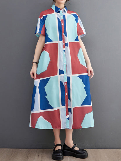 xakxx Loose Short Sleeves Cartoon Printed Multi-Colored Lapel Midi Dresses Shirt Dress