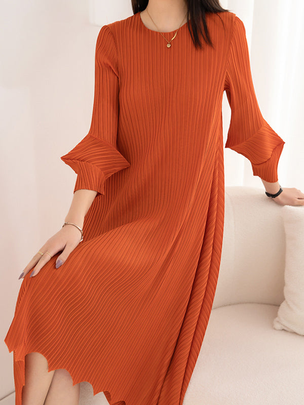 xakxx Irregular Clipping Loose Pleated Solid Color Round-Neck Midi Dresses