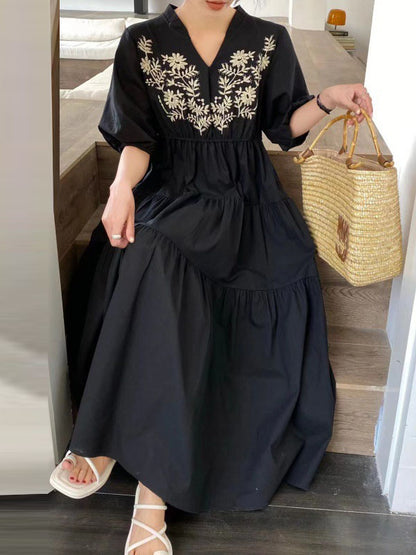 xakxx Bishop Sleeve Loose Embroidered Pleated V-Neck Midi Dresses