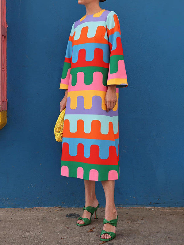 xakxx Long Sleeves Loose Printed Split-Side Round-Neck Midi Dresses
