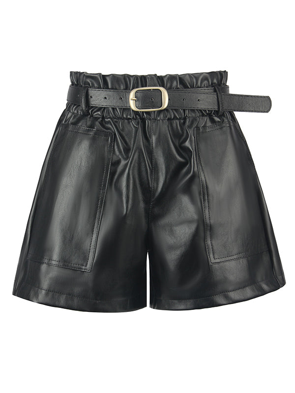 xakxx Simple Wide Leg Solid Color PU Shorts Bottoms