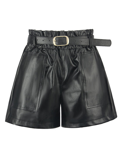 xakxx Simple Wide Leg Solid Color PU Shorts Bottoms