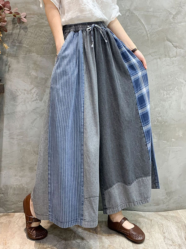 xakxx Wide Leg Split-Joint Striped Casual Pants Bottoms Jean Pants Bottoms