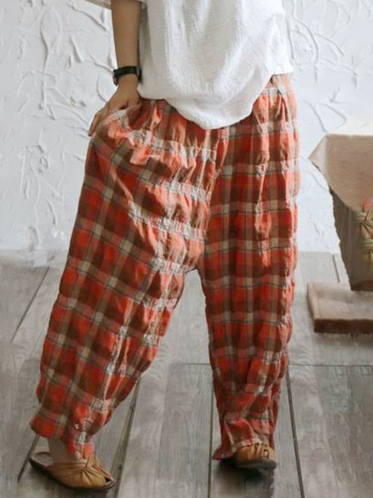 xakxx Casual Ramie Cotton Plaid Wide Leg Loose Pants