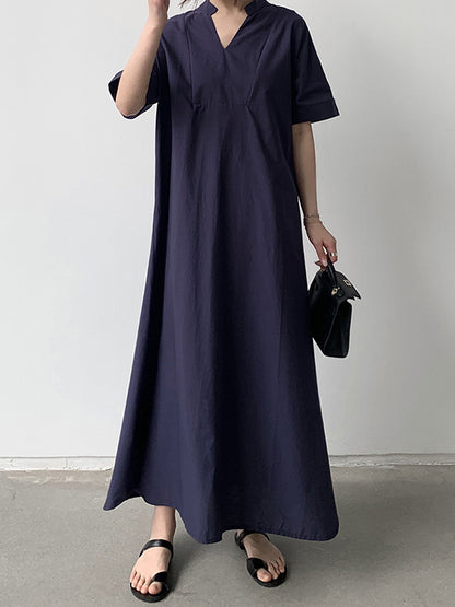 xakxx Loose Short Sleeves Solid Color V-Neck Maxi Dresses