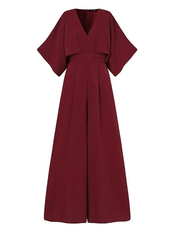 xakxx Simple Solid Color V-Neck Half Sleeves Wide Leg Jumpsuits