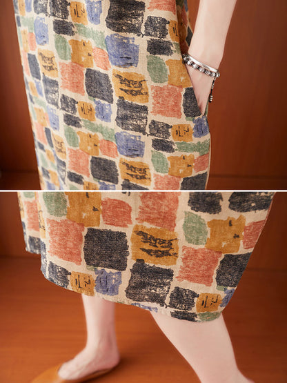 xakxx Artistic Retro Colorful Plaid Short Sleeve Dress