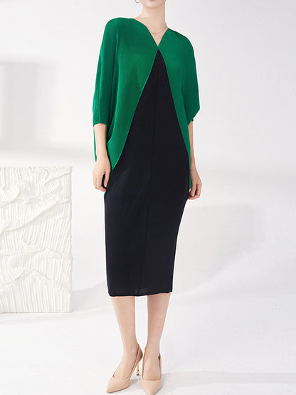 xakxx Batwing Sleeves Loose Contrast Color Pleated Round-Neck Midi Dresses