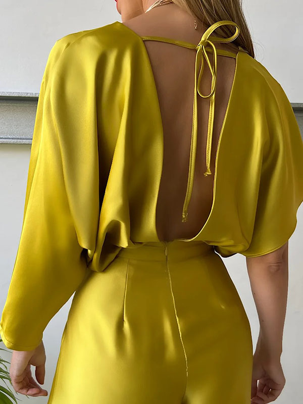 xakxx Asymmetric Solid Color Deep V-Neck Jumpsuits