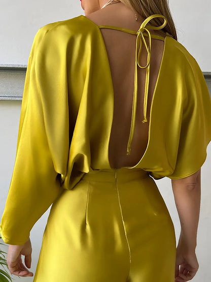 xakxx Asymmetric Solid Color Deep V-Neck Jumpsuits
