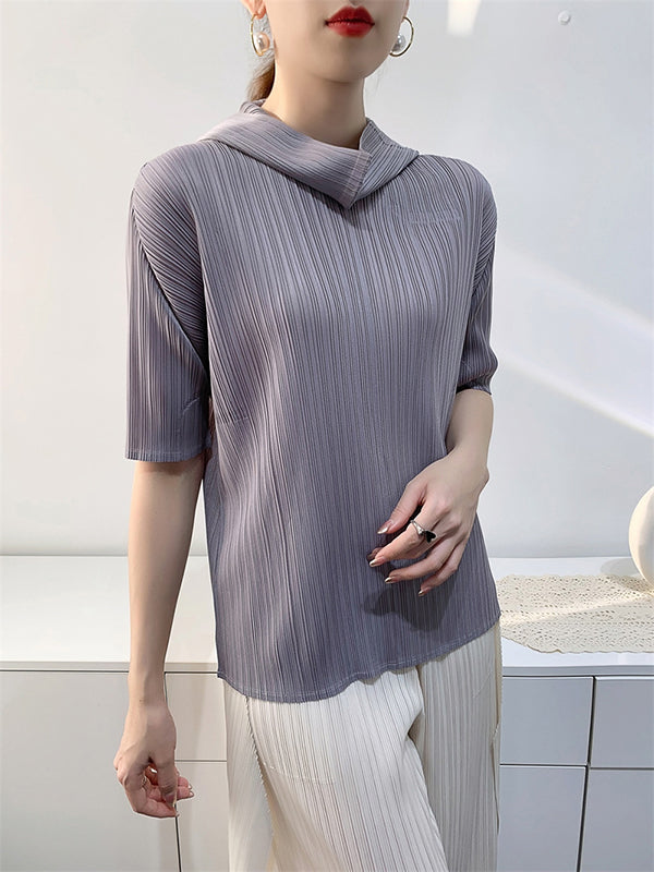 xakxx Half Sleeves Hooded Pleated Solid Color Mock Neck T-Shirts Tops