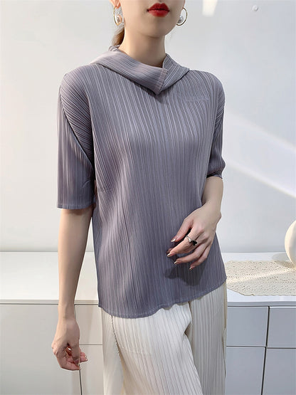xakxx Half Sleeves Hooded Pleated Solid Color Mock Neck T-Shirts Tops