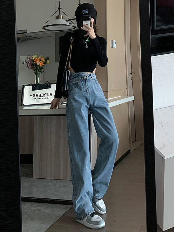 xakxx Casual High Waisted Denim Wide Leg Jean Pants