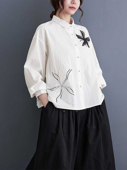 xakxx Long Sleeves Loose Applique Buttoned Embroidered Lapel Blouses&Shirts Tops