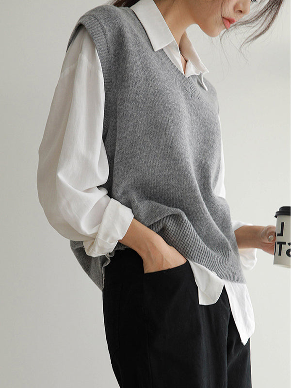 xakxx Casual Loose Sleeveless Solid Color V-Neck Sweater Vest Outerwear