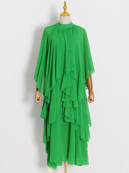 xakxx Loose Raglan Sleeve Solid Color Tiered Stand Collar Maxi Dresses