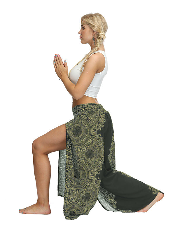 xakxx Ethnic Printed Split-Joint Loose Casual Wide-Leg Yoga Pants