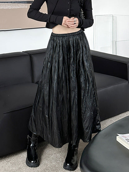 xakxx A-Line High Waisted Elasticity Pleated Solid Color Skirts Bottoms